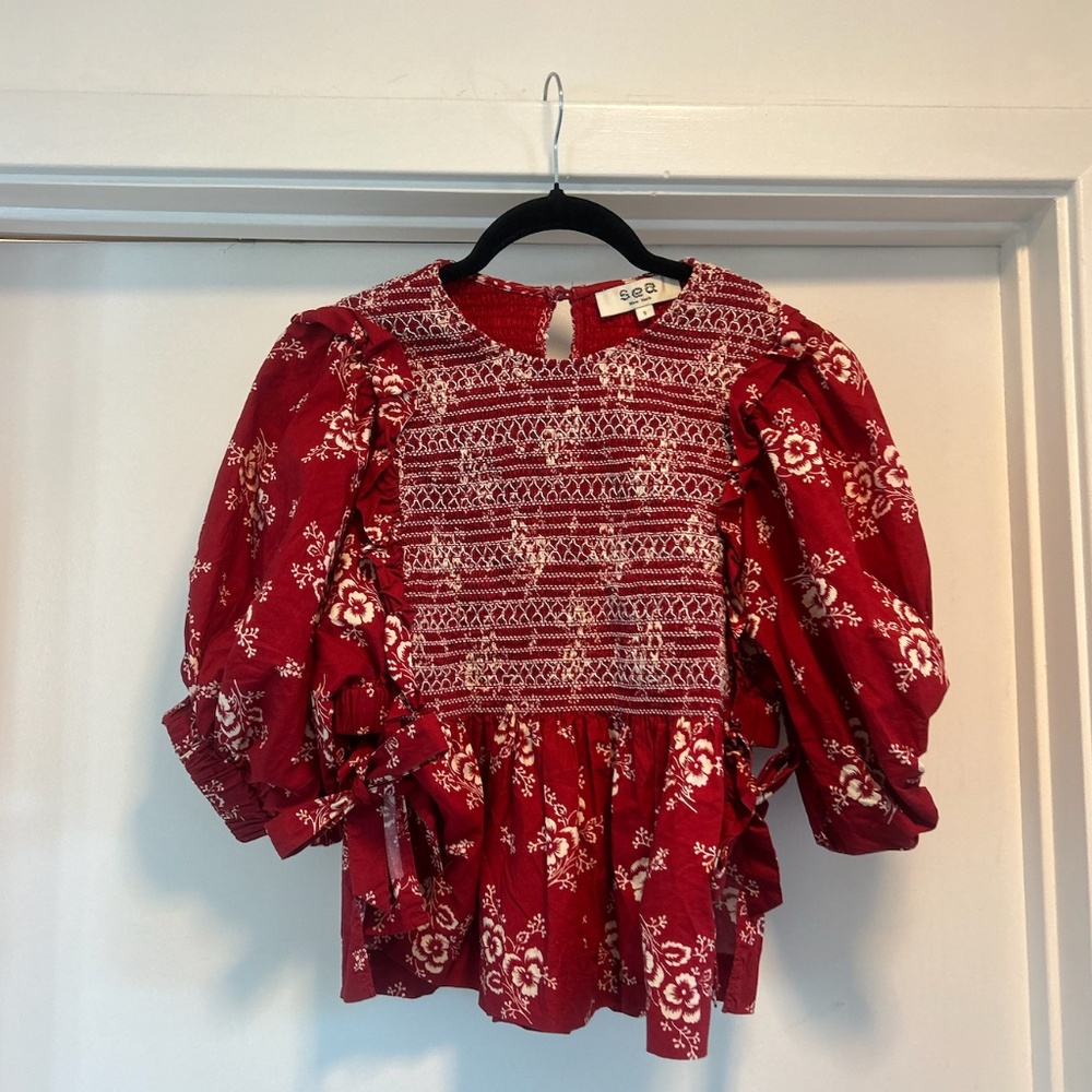 Sea - Alessia Cropped Ruffled Floral-print Cotton Top - Red
